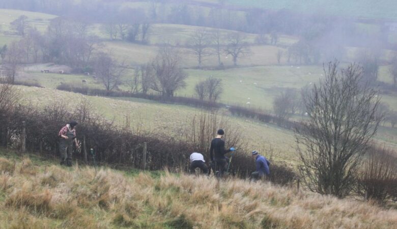 volunteers at Dolydd Gobaith, planting hedgerow trees